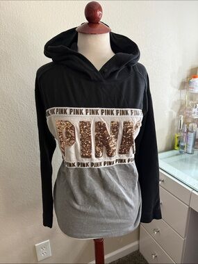 PINK Victoria's Secret Black Hooded Pullover with Branded Trim